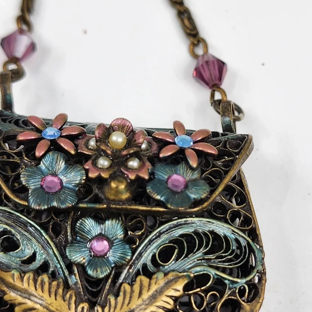 Sweet Romance USA Floral Purse Pendant Necklace Crystal Bead Fringe Victorian